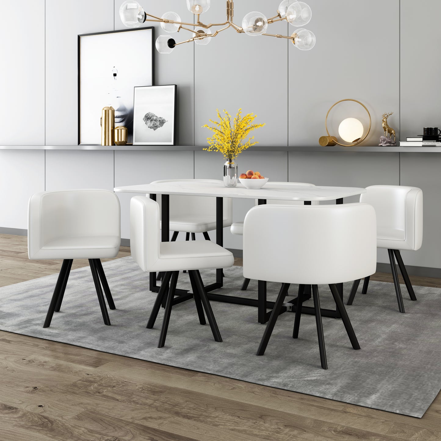 800 Modern 7-Piece Dining Table Set with White Marble Top and Leatherette/Fabric Chairs