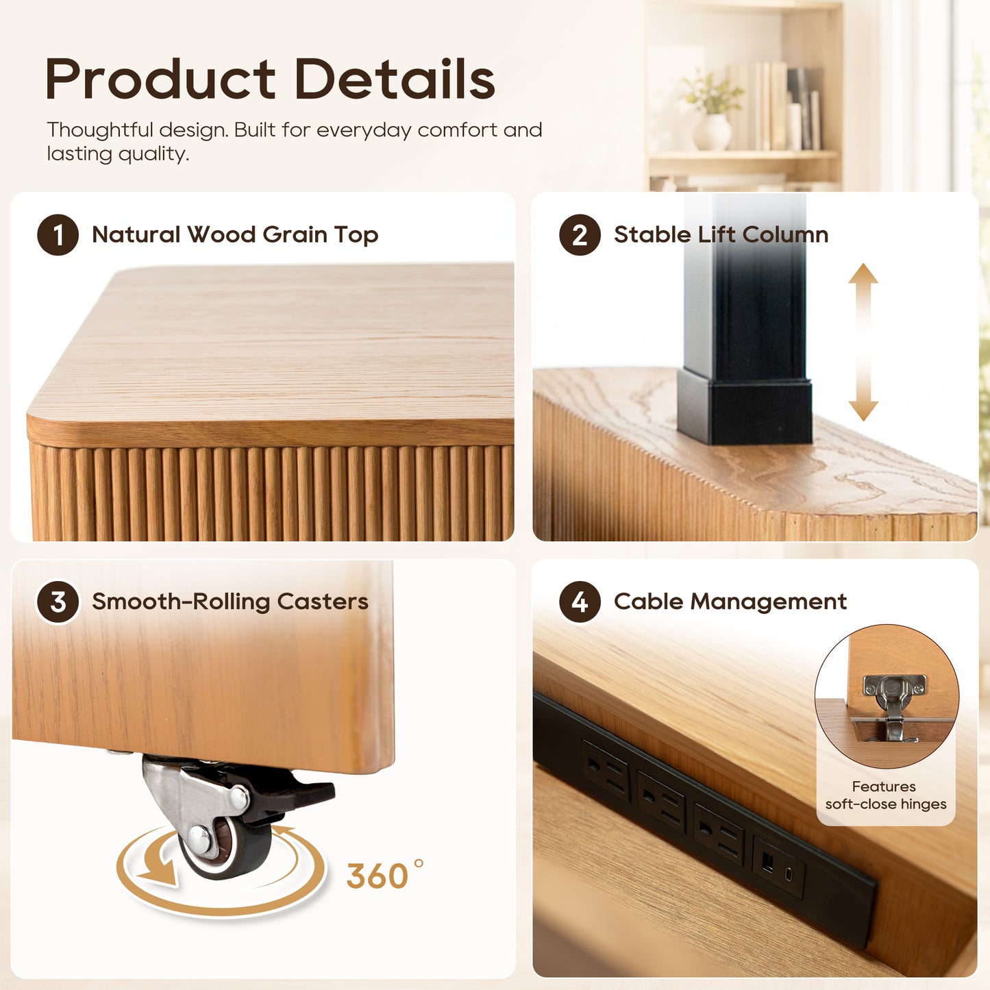 Electric Height Adjustable Standing Desk with 360° Rotating Side Table