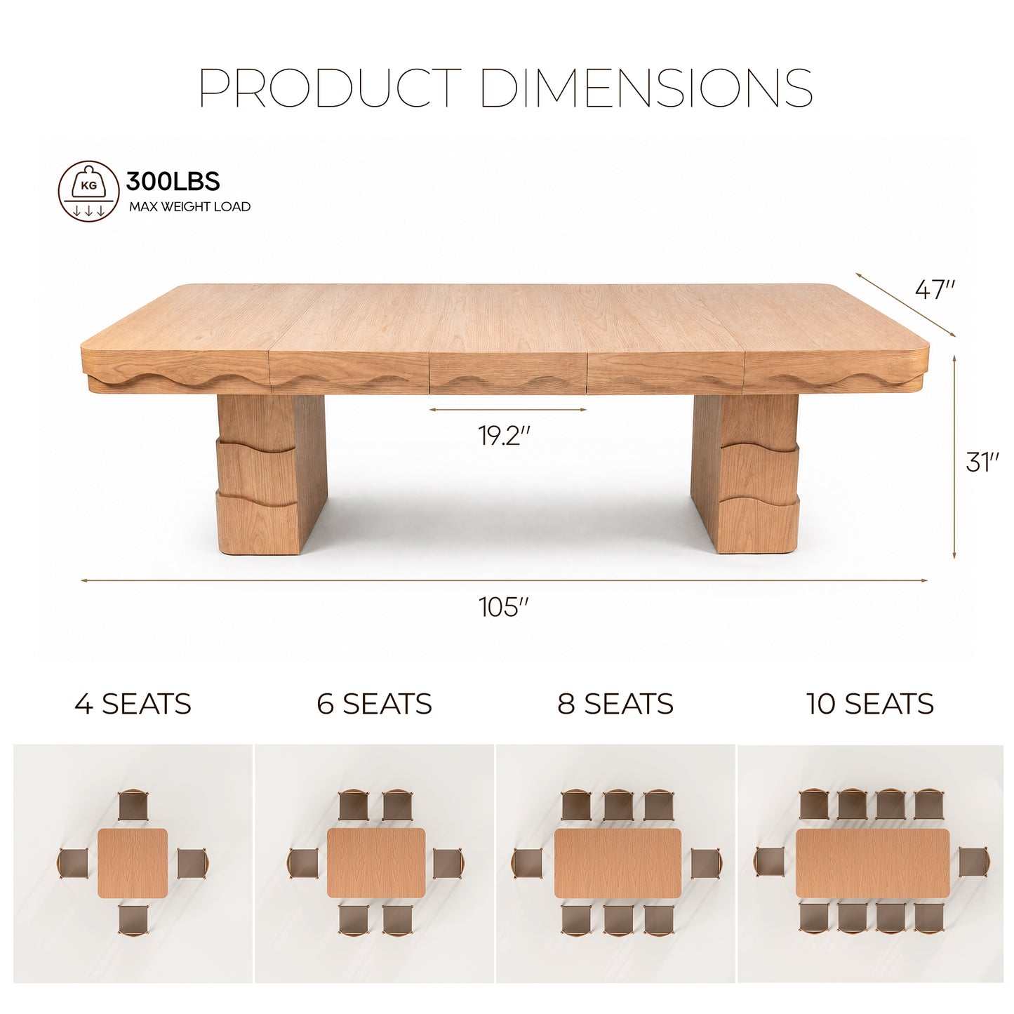 47 in-105 in Extendable Wood Dining Room Table for 4-8 People