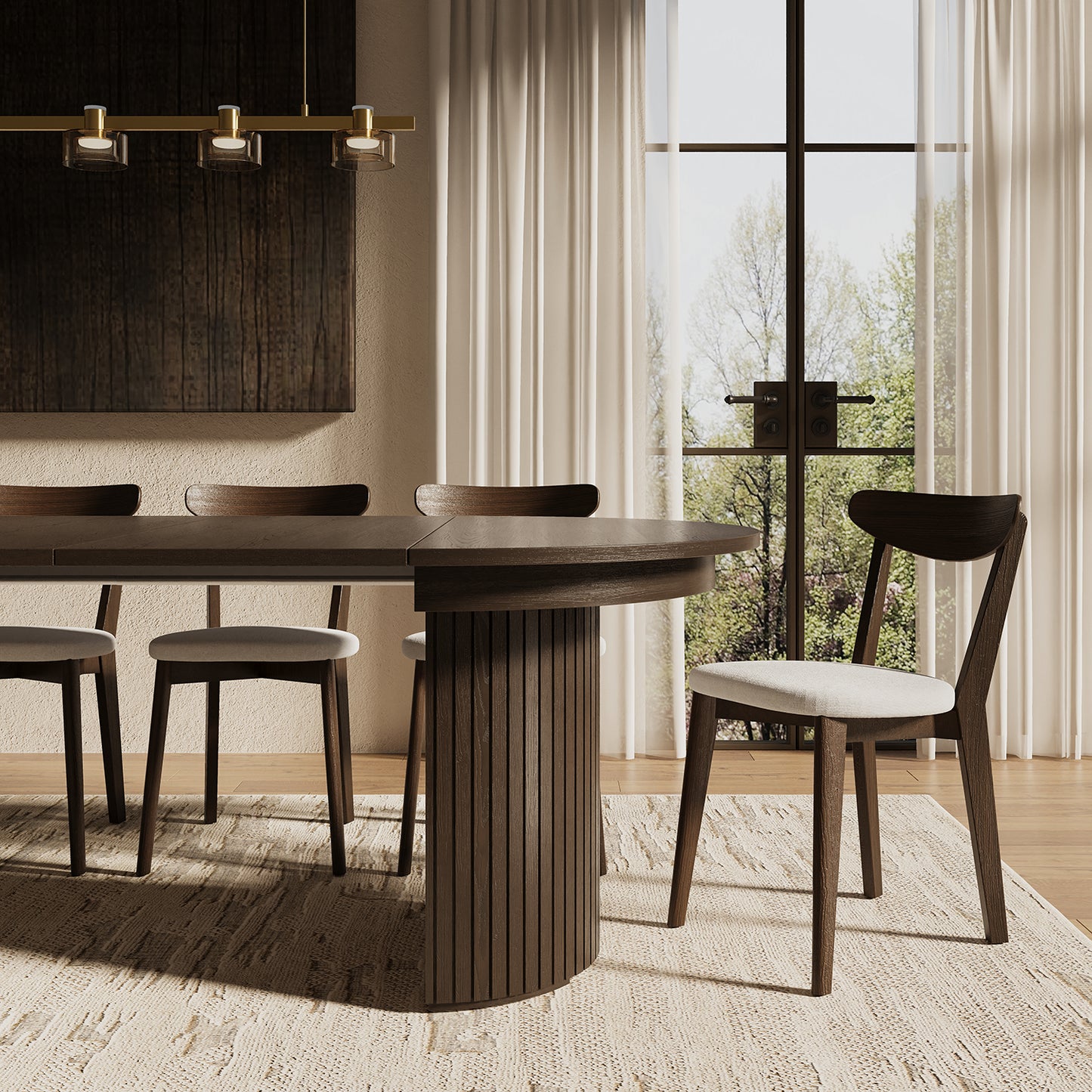 T001 OAK VENEER EXTENDABLE DINING TABLE & SET, DARK BROWN