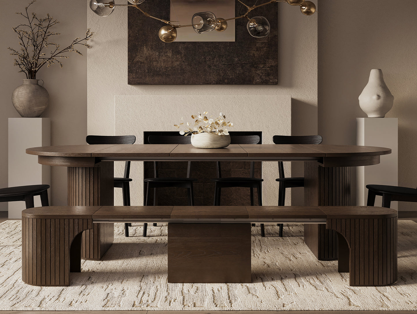 T001 OAK VENEER EXTENDABLE DINING TABLE & SET, DARK BROWN