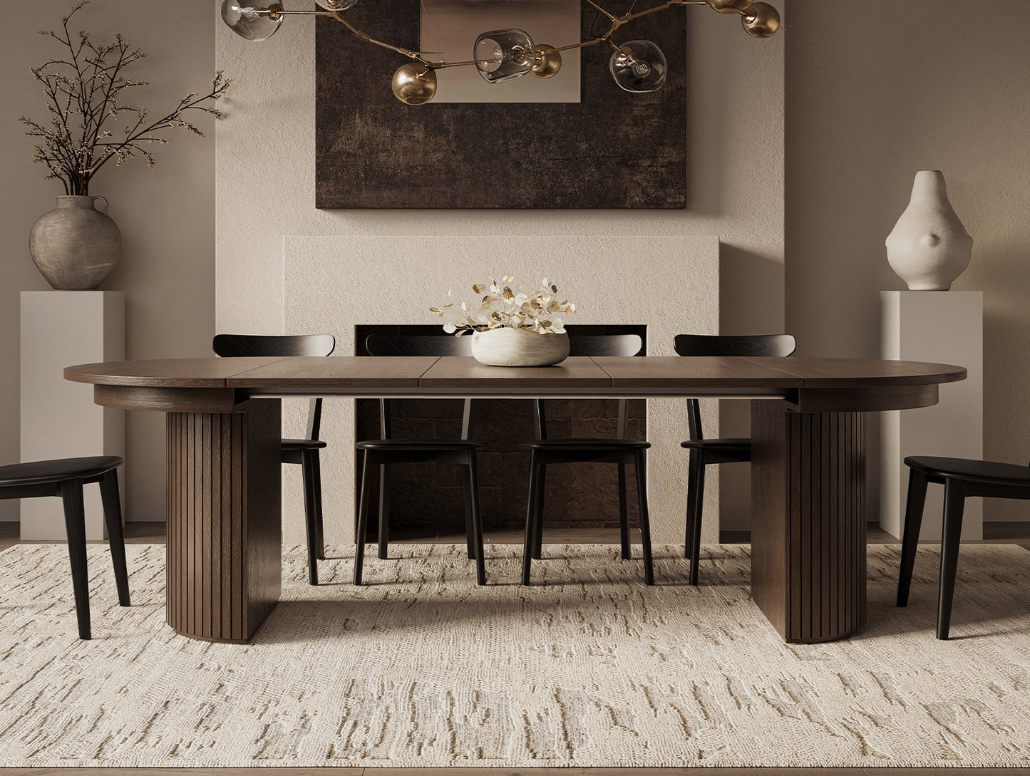 T001 OAK VENEER EXTENDABLE DINING TABLE & SET, DARK BROWN
