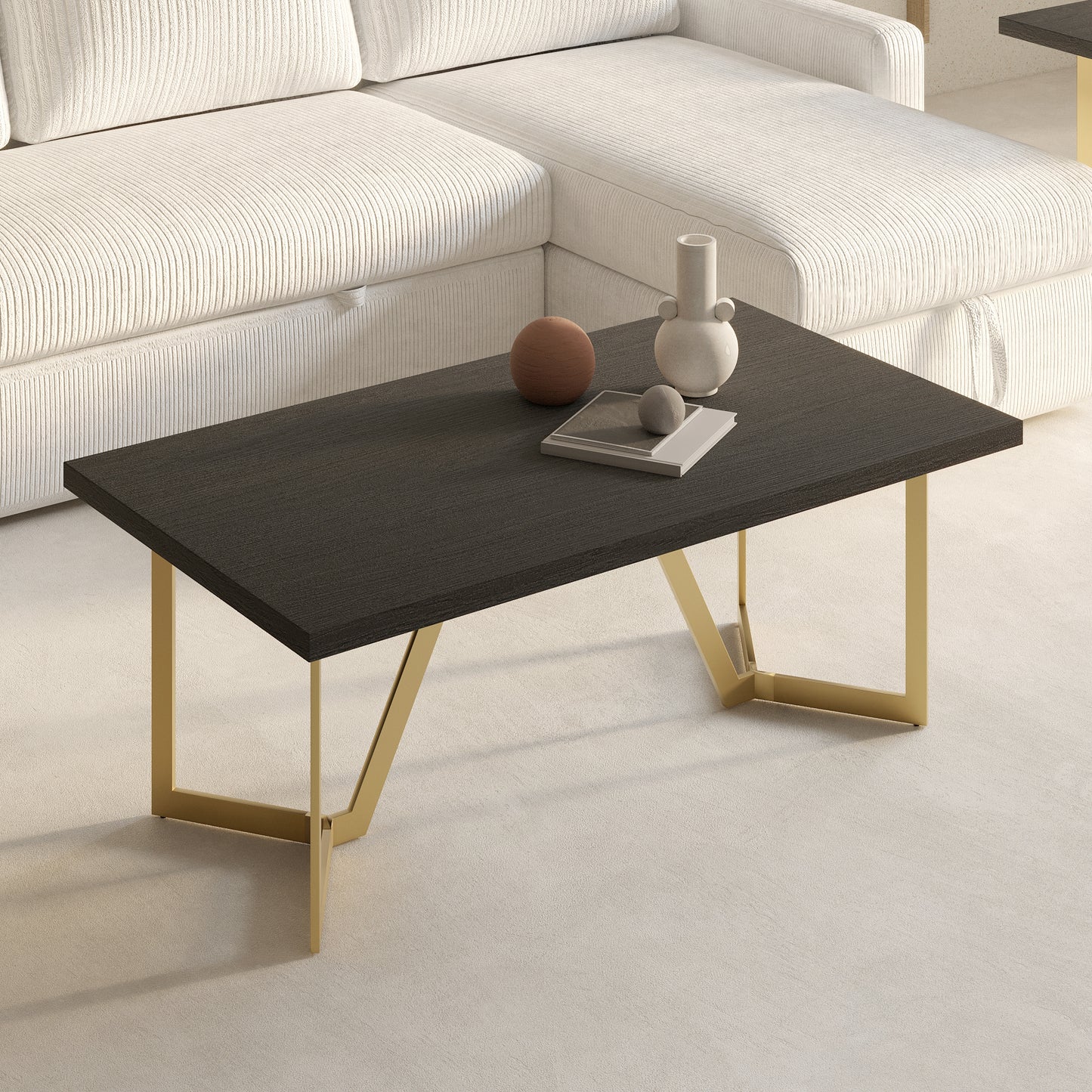 CT020 Modern Black Rectangular Coffee Table with Brushed Gold Base