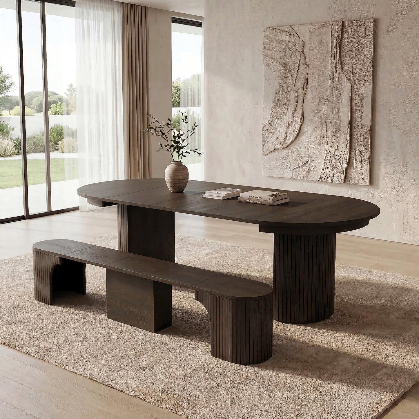 T001 OAK VENEER EXTENDABLE DINING TABLE & SET, DARK BROWN