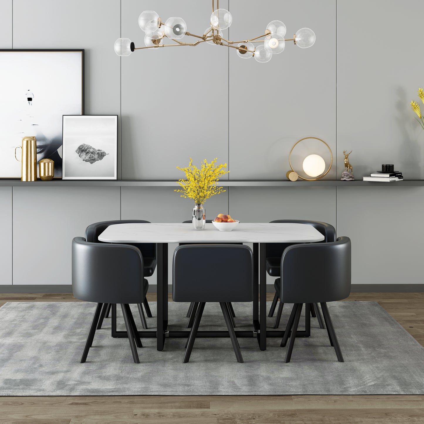 800 Modern 7-Piece Dining Table Set with White Marble Top and Leatherette/Fabric Chairs