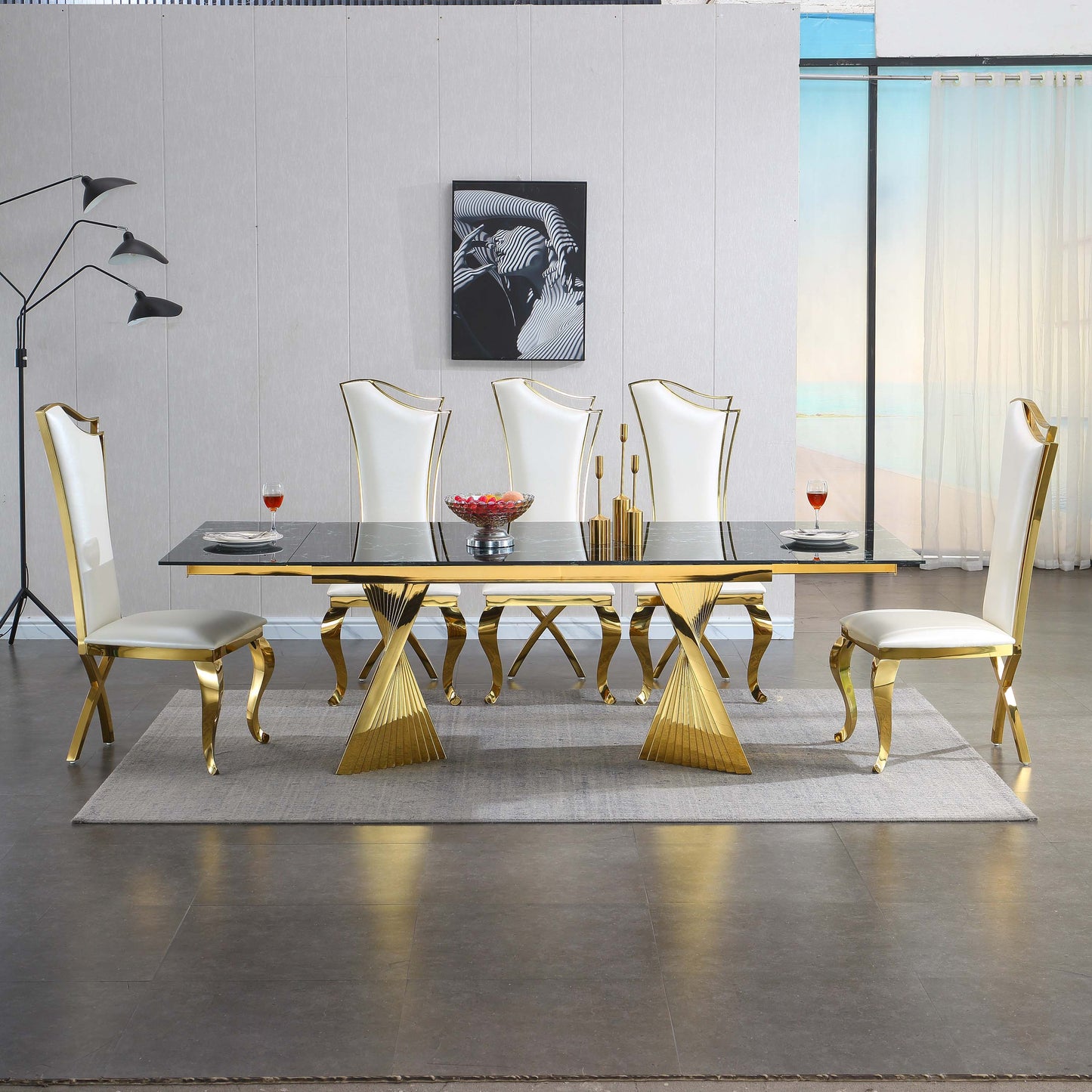 RDT207 Extendable Dining Table with Marble Tempered Glass Top